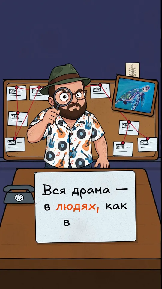 Доска детектива с красными нитями и листом "Вся драма — в людях"